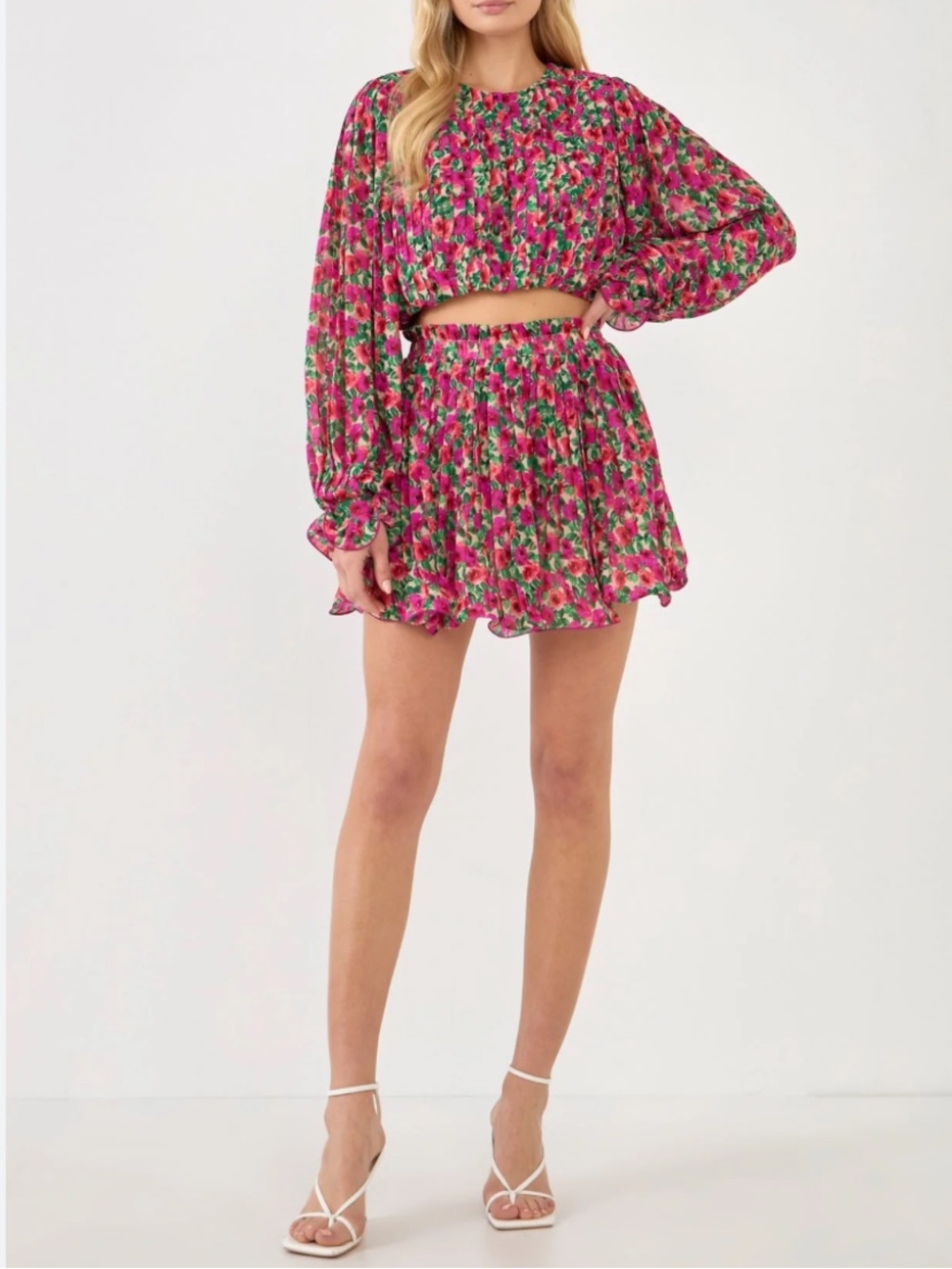 Floral Pink Pleated Bubble Top - Picture 3 of 4